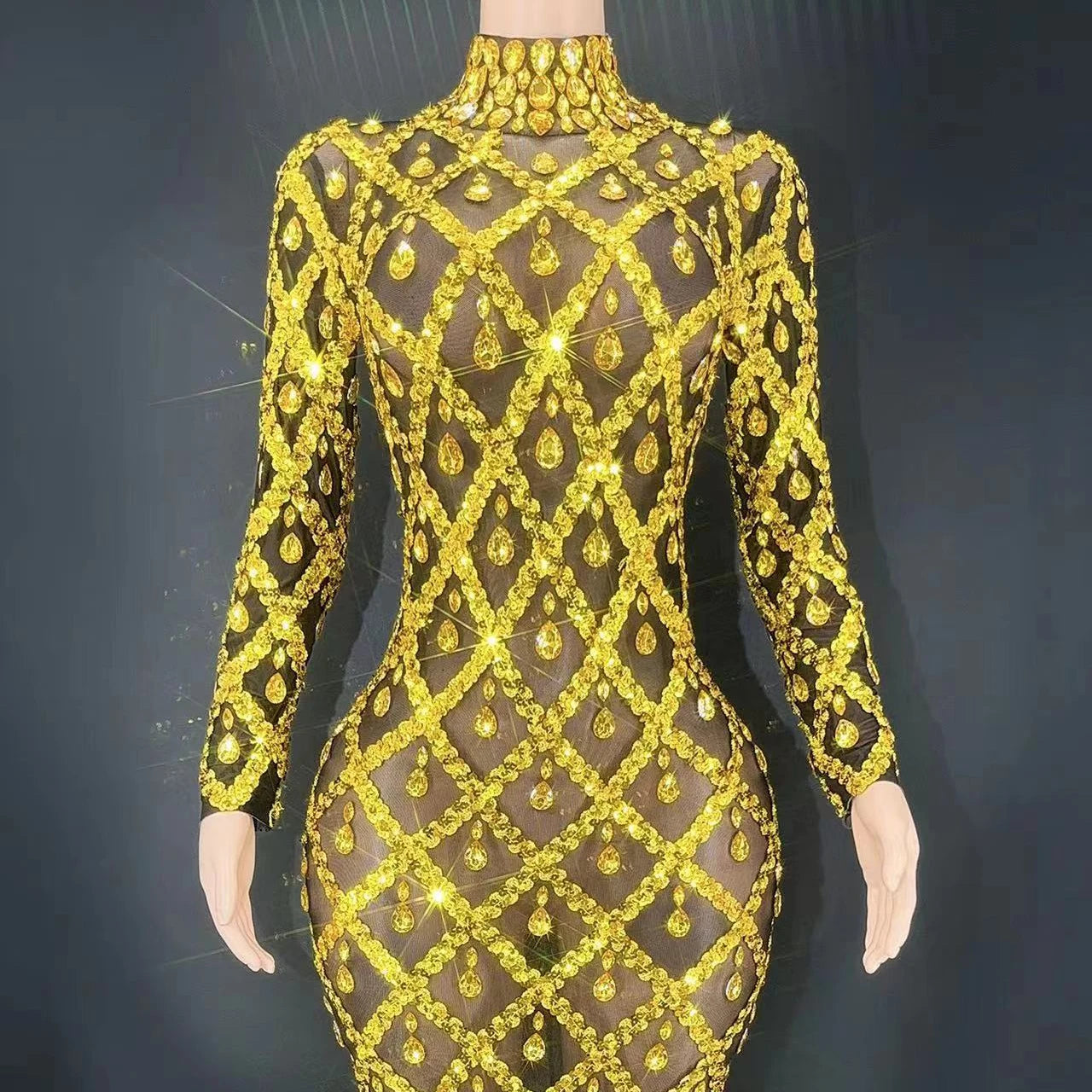 Luxury Stage Costume Party Cloth Diamond Sequin Yellow and Black Dress Mini Slit Elegant Dress Evening Party Dress