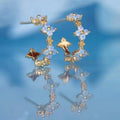Wholesale Fashion Jewelry Accessories Brass 18k Gold Plated Blue Zirconia Flower C Shape Hoop Earrings for Women