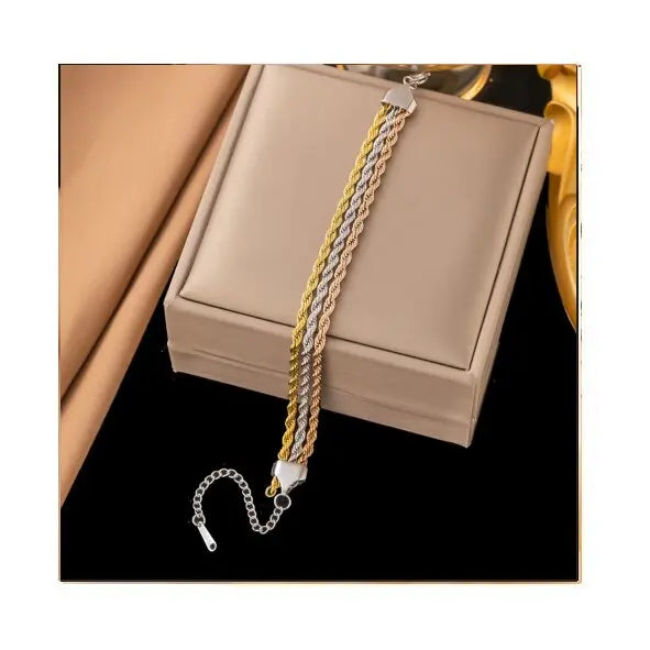 Popular Gold Stainless Steel Wide Bracelet Silver Layer Twist Chain Bracelet for Women Birthday Party Dance Jewelry Gift