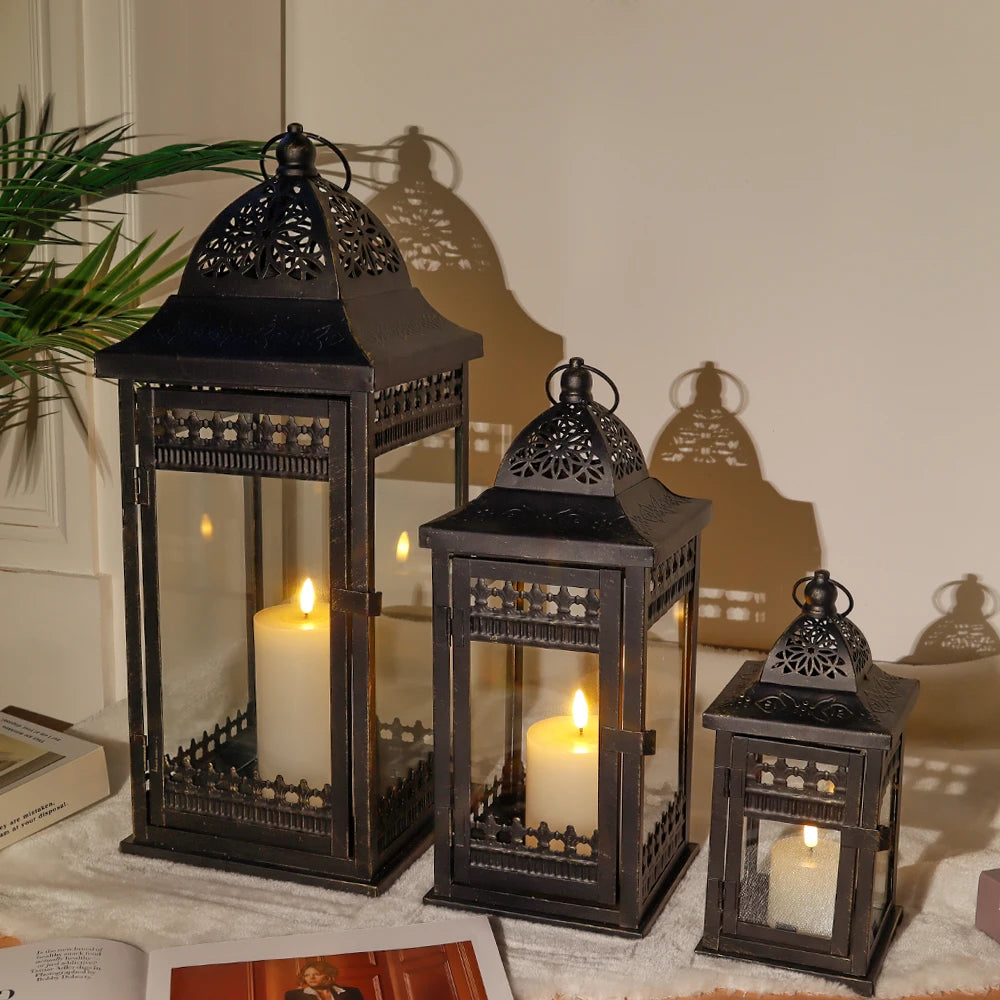 US DE Stock Set of 3 Black Brushed Gold Lantern Durable Garden Metal Lantern Empty Square Candle Lantern for Wedding Decoration