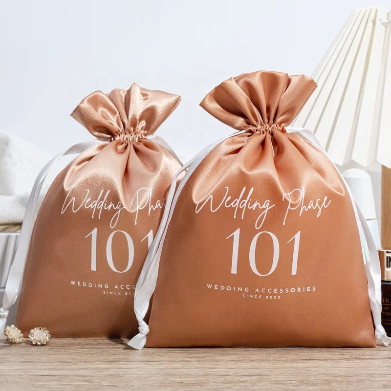Customized  Logo Pouch Satin Wedding Gift Bag Screen Printed Storage Cosmetic Drawstring Pouches Recyclable Candle Bags