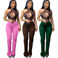 Truen 2026 New Arrival Solid Color High Waist Trouser Stretch Tight Bubble Plaid Cloth Flare Women's Casual Pants