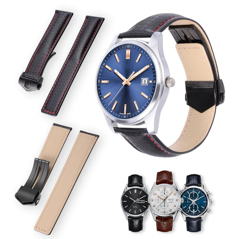 Carbon Fiber Leather Watch Bands with Stitching 19mm 20mm 22mm Genuine Leather Watch Straps for Tg Heue