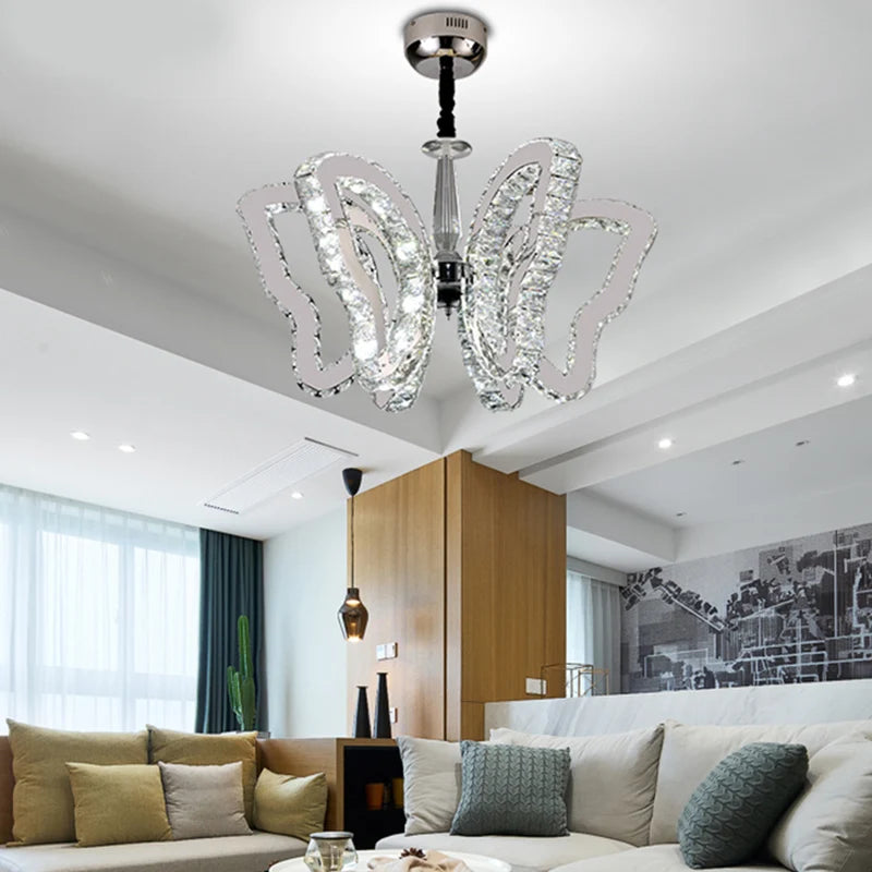 Home Decor Butterfly Design Chrome Chandelier Dining Room Living Room Round Hanging Lamp Hotel Modern Crystal Led Pendant Light