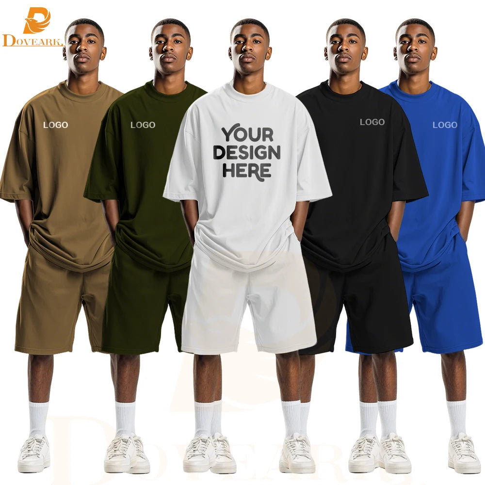 Oversized Men's T-Shirt and Shorts Set 250G Heavy Weight Comfort Drop Shoulder Relaxed Fit Plus Size Loungewear Tracksuit Outfit