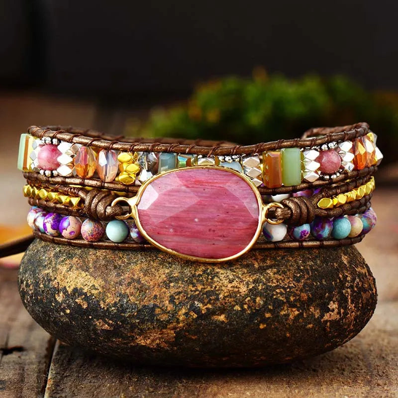 Hot Selling Bohemian Style Multi-layer Bracelet Natural Stone Red Pattern Hand-woven Beaded Bracelet for Women