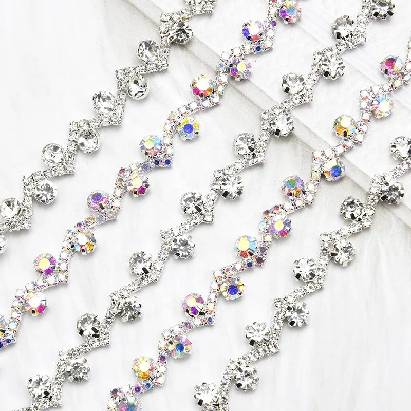 Rhinestone Silver Metal Applique S-shaped Cup Chain Wedding Fancy Diamond Crystal Trim Sew on Dress Clothes Bikini Accessories