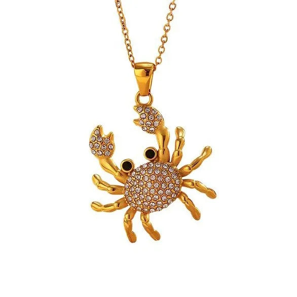 Hot Selling Fashion Beach 18k Gold-plated Stainless Steel Diamond Crab Pendant Necklace for Women