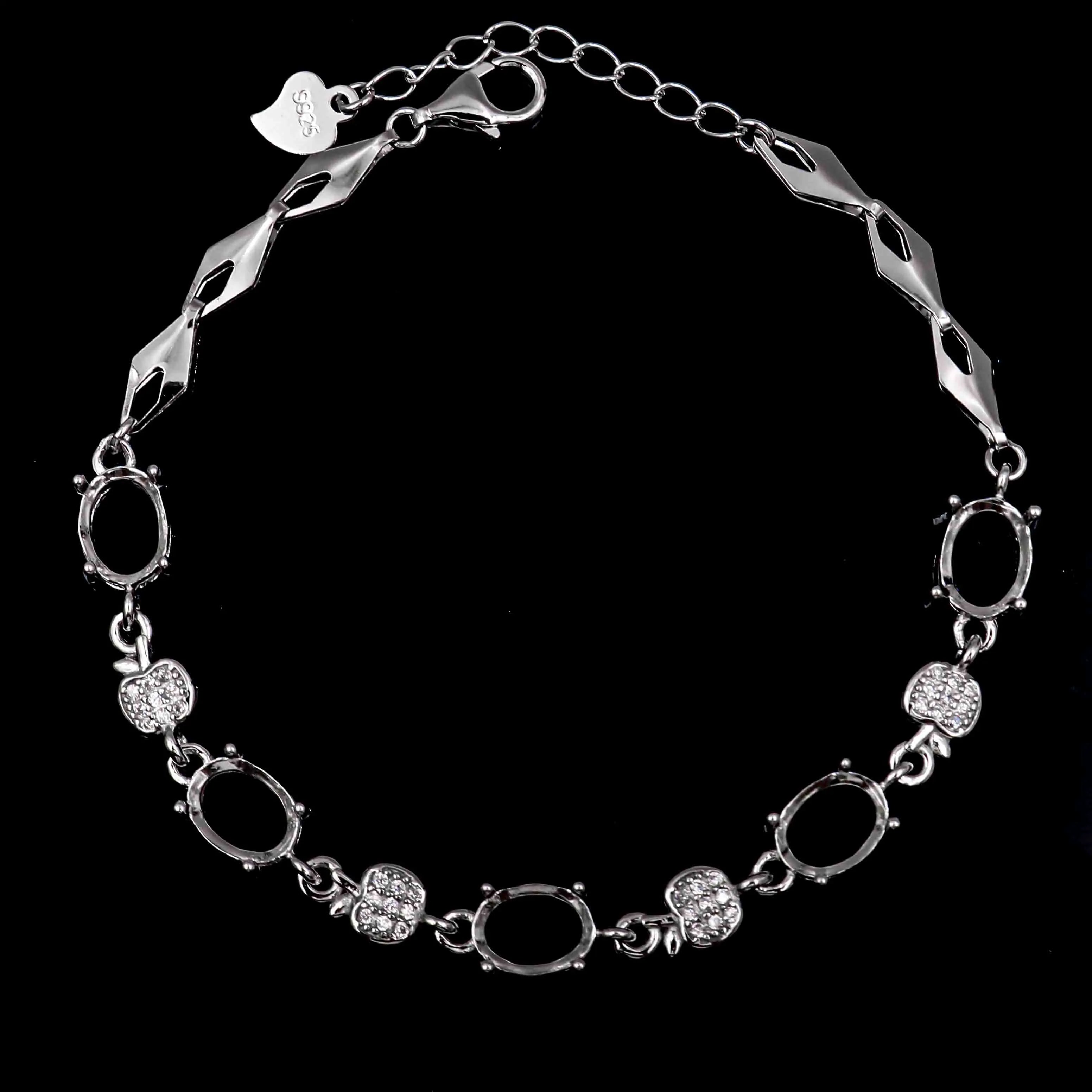 Sterling Silver 6*8mm Semi Mount Bracelet Empty Support Blank Claws Setting S925 Base Holder Without Center Stone Inlay for DIY