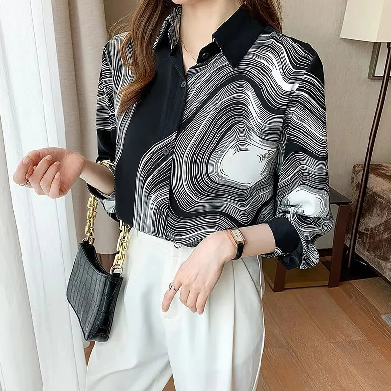 5213# Floral Print Women's Casual Knitted Long Sleeve Summer Autumn Blouse Fashion Top with Buttons