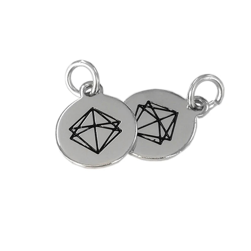 8mm Round Custom Engrave Enamel Black Logo Small Tags Silver Jewelry Tags Heart Shape Metal Silver Charms