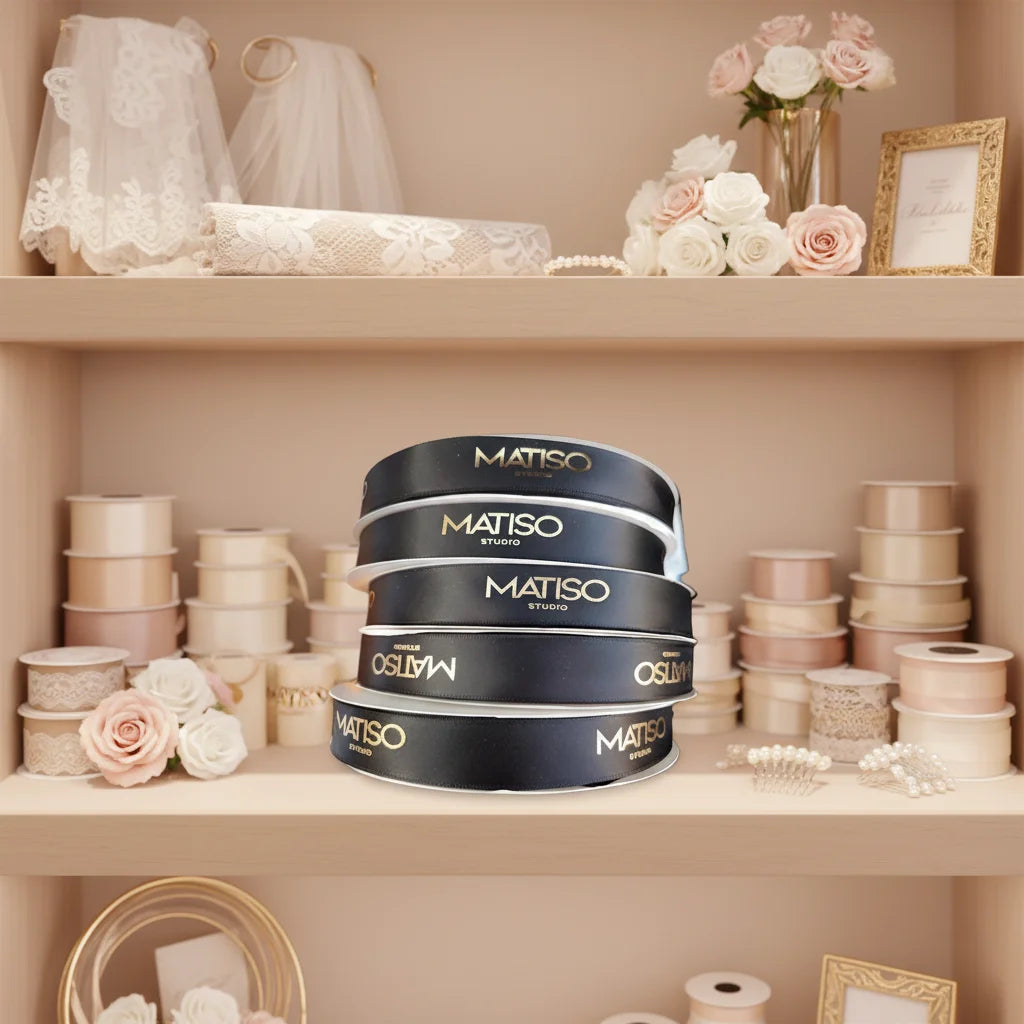 Wholesale 2.5cm Muslim Black Tape Ribbon Luxury 3D Goil Foil Printing Satin Ribbon