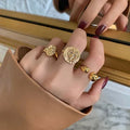 European and American Trend Gold-plated Alloy Vintage Metal Embossed Ring Retro Fashionable Open C-Shaped Rings for Women Girls