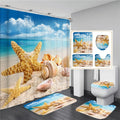 Beach Starfish Shell Seascape Shower Curtain Toilet Lid Cover Non-Slip Rugs Bath Mat Set Home Decor