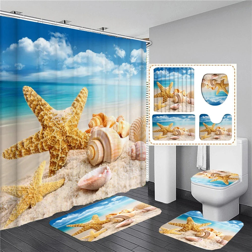 Beach Starfish Shell Seascape Shower Curtain Toilet Lid Cover Non-Slip Rugs Bath Mat Set Home Decor