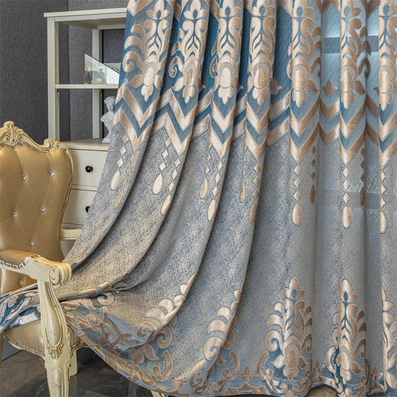 Luxurious Khaki Blue 100% Polyester Jacquard Curtains High Quality Hollow Design Living Room Decoration Curtains