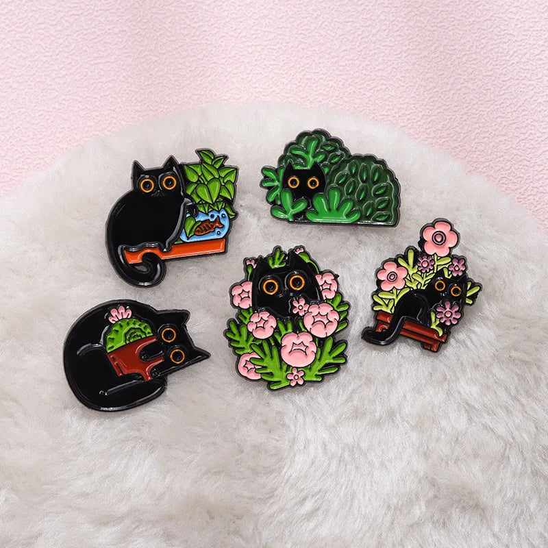 Cute Plant Cat Enamel Pins Interesting Black Cat Badge Cactus Enamel Brooch Suitable With Big Discount