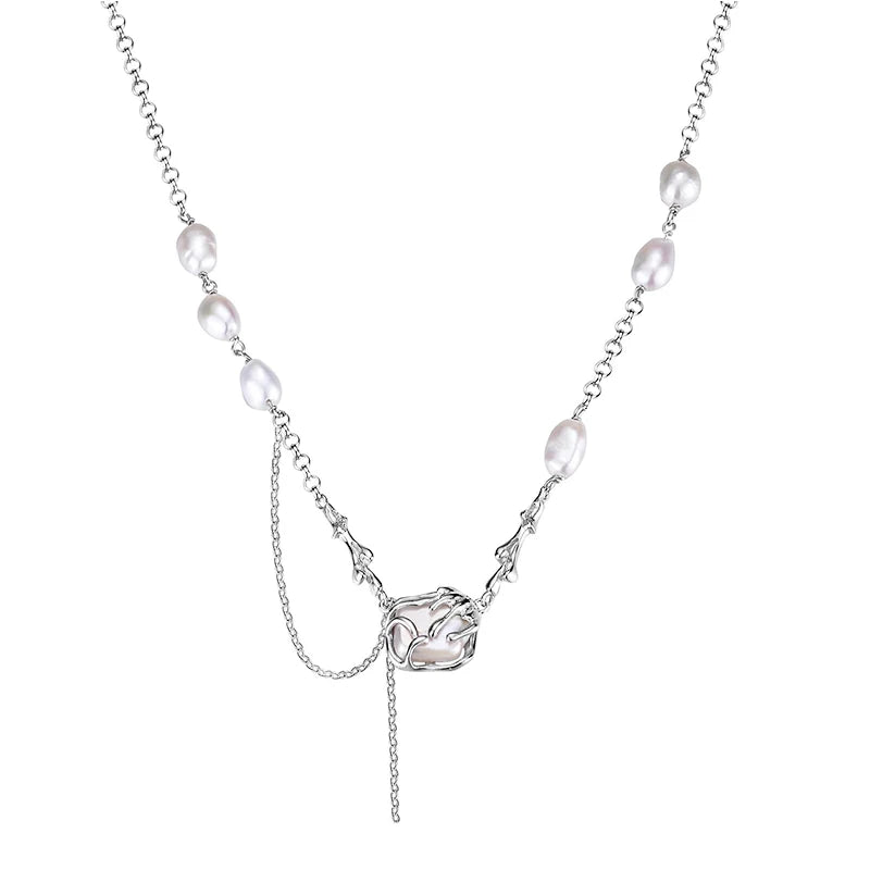 Wuqie Fashion Sterling  Silver Jewelry for Women Rolo Chain with Different Shaped Baroque Freshwater Pearl Necklace