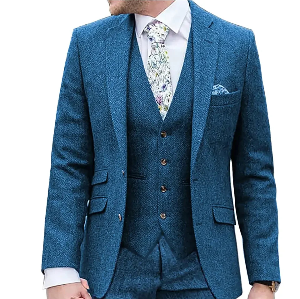 Classic Men Tuxedo Suits 3 Pieces Regular Fit Notch Lapel Tweed Herringbone Wool Autumn Winter Man Clothing Blazer+Vest+Pants