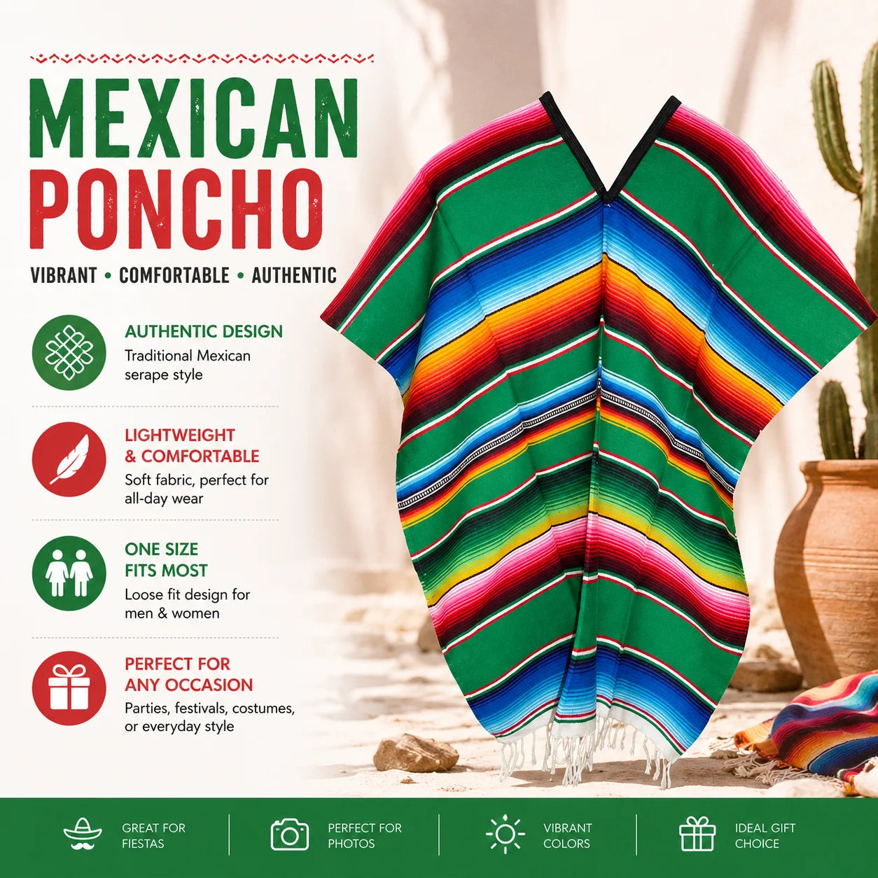 Wholesale Colorful Mexican Serape Poncho Adult Fiesta Costume for Events Festivals and Party Supplies