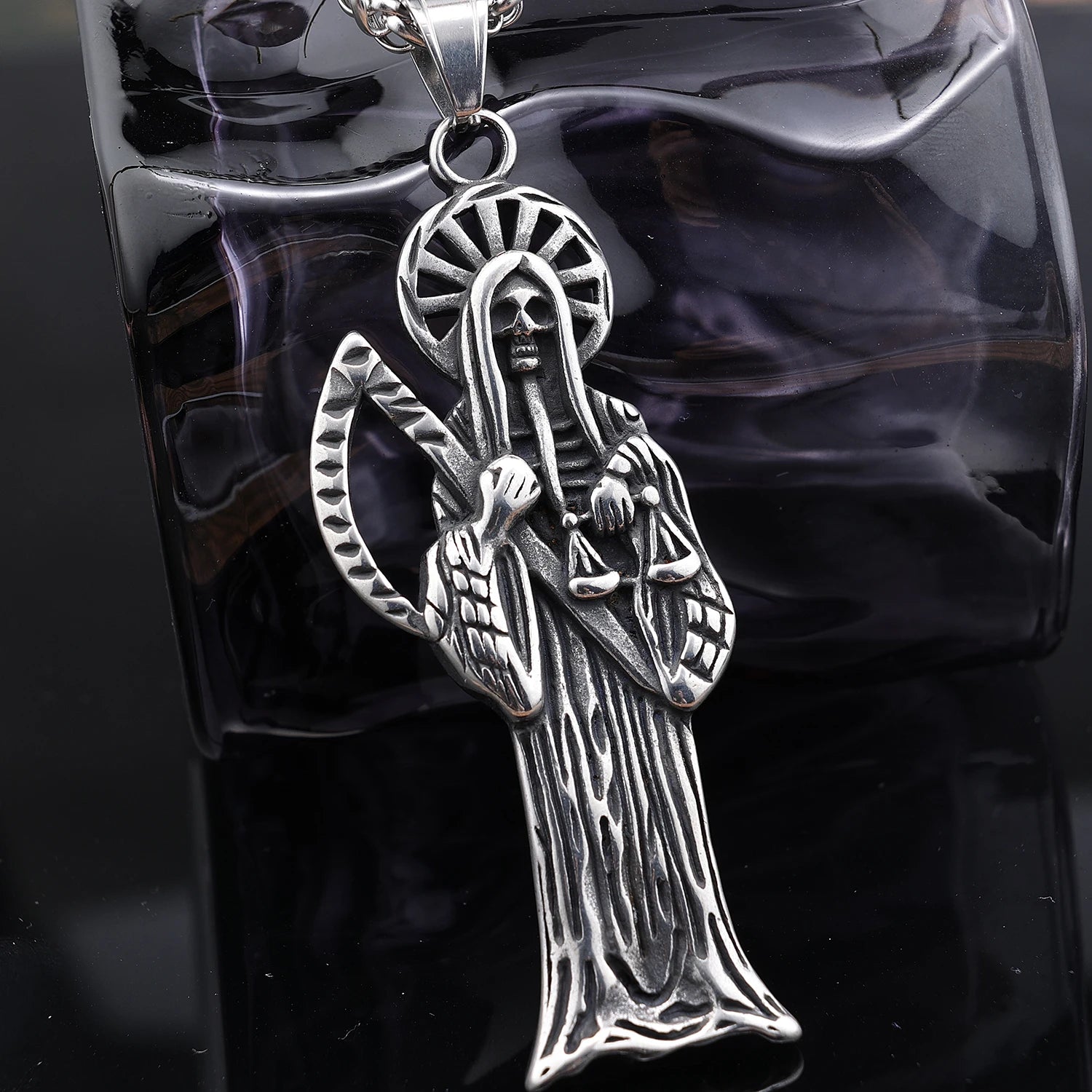 Gothic Punk Grim Reaper Sata Death Necklace Stainless Steel Scythe Death Skeleton Santa Muerte Skull Pendants Biker Jewelry