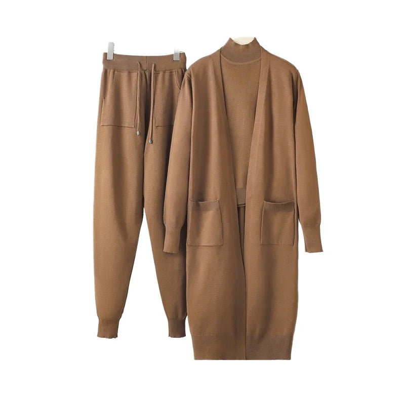 Women's Sporty Three-Piece Set for Winter Autumn Knitted Blazer Coat O-Neck Tank Top Long Pants Washed Technics Solid Pattern