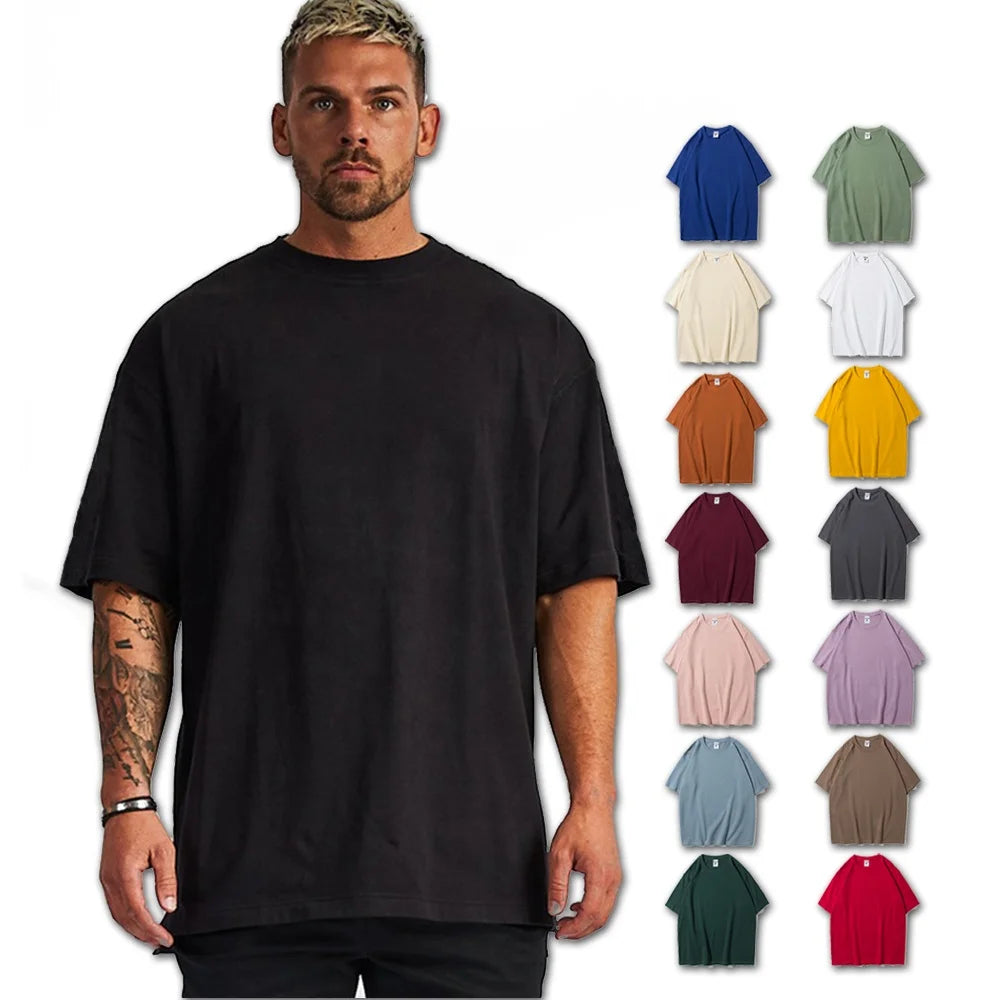 Men's Heavy Cotton t Shirt High Quality Custom LOGO Desgin Blank Oversized Drop Shoulder Rib O-neck Tshirt for Men