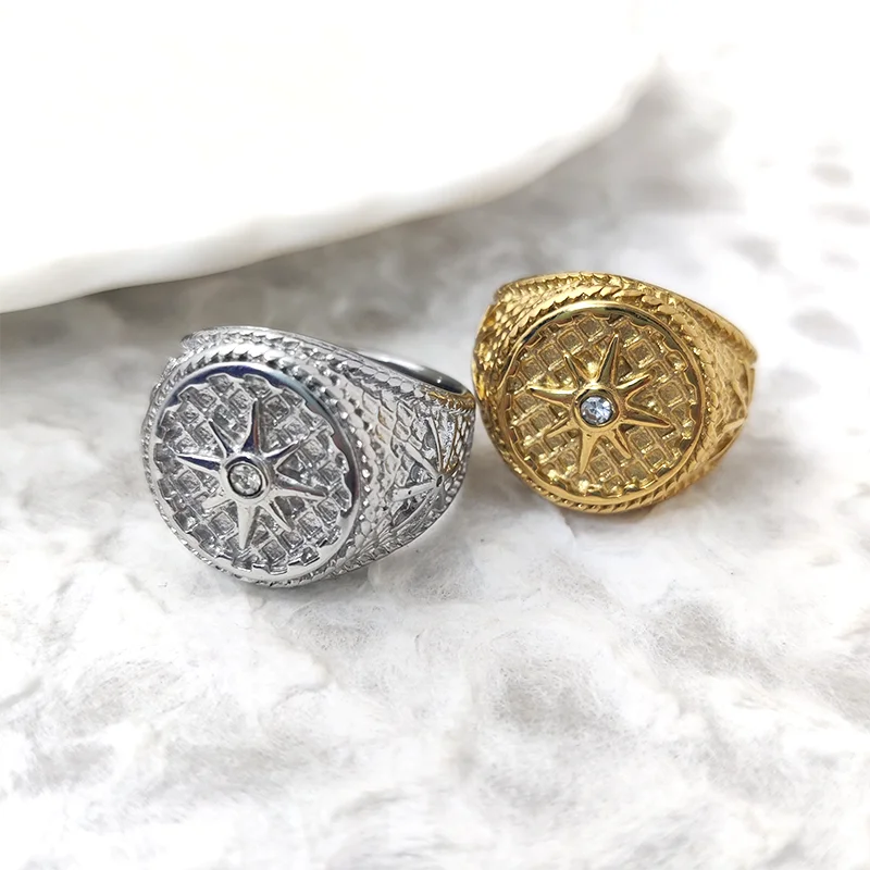Wholesale Vintage Engagement Fashion Ring Jewelry Zircon North Star 18K Gold Plated Compass Signet Man's Stainless Steel Rings