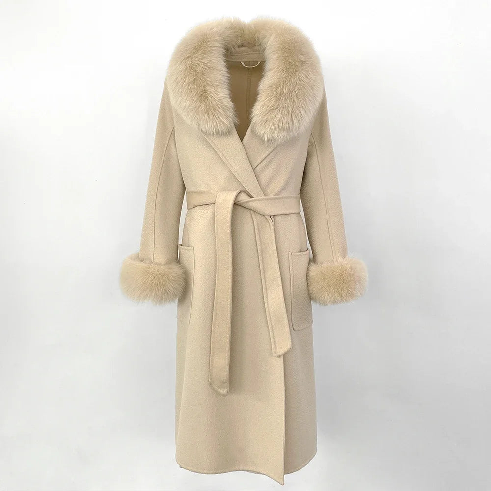 OFTBUY 2024 Women's Double-Sided Wool Coat Korean Style Autumn Winter Design with Detachable Natural Fox Fur Collar Belt Closure