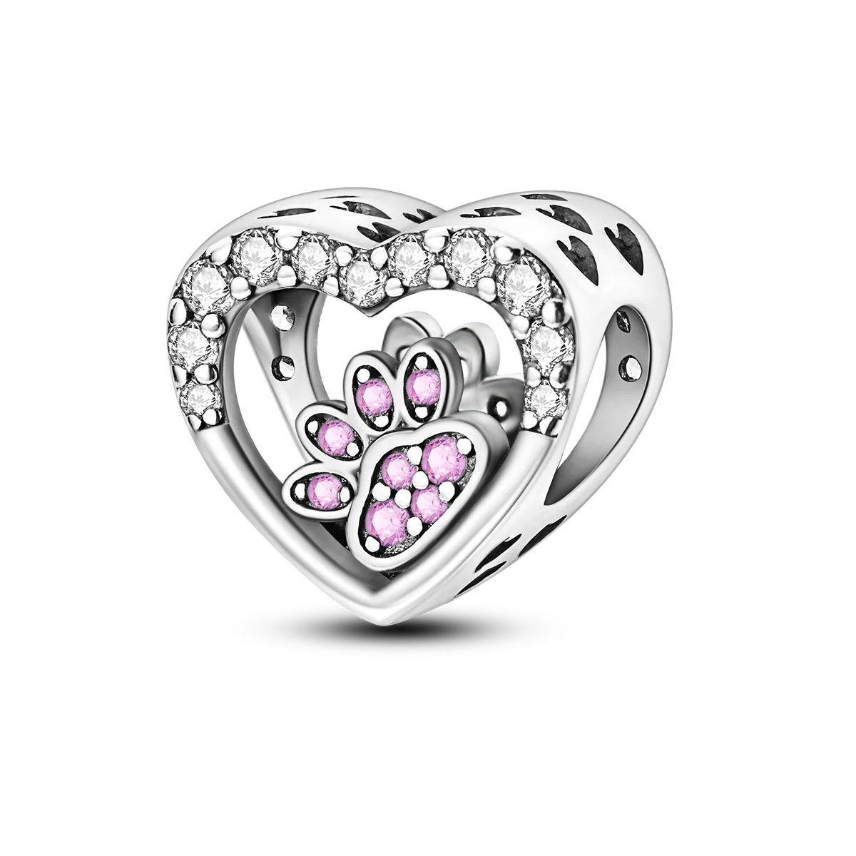 925 Sterling Silver Heart-Shaped Pink Pawprint Beads Fine Pendants for Gifts and Zircon Jewelry Fit Bracelet