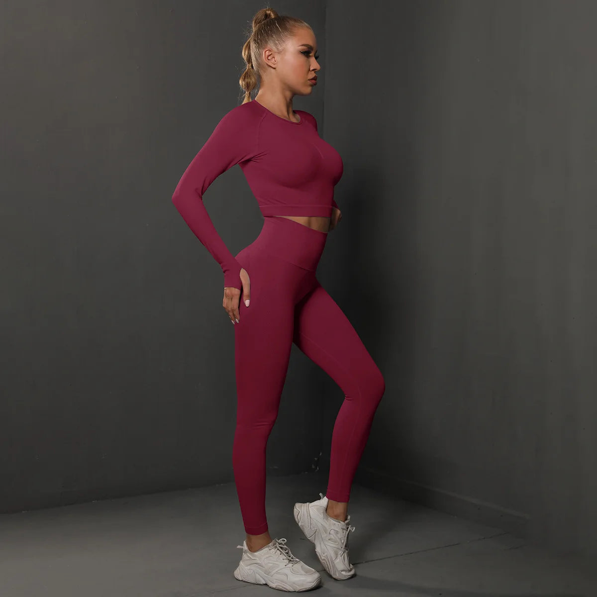 Seamless Women Yoga Set Workout Sportswear Gym Clothes Fitness Long Sleeve Crop Top High Waist Leggings Sports Suit