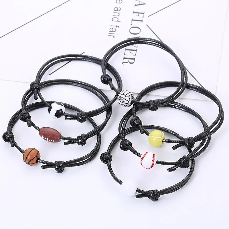 SC Black Rope Round Ball Charm Bracelet Adjustable Acrylic Basketball Football Rope Bracelet for Women Men