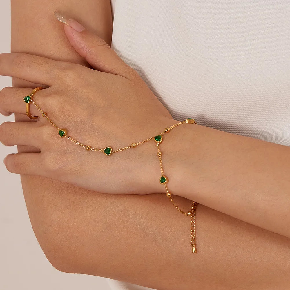 European and American Stainless Steel Inlaid with Green Heart-shaped Zircon Versatile Ins Style Hand Chain