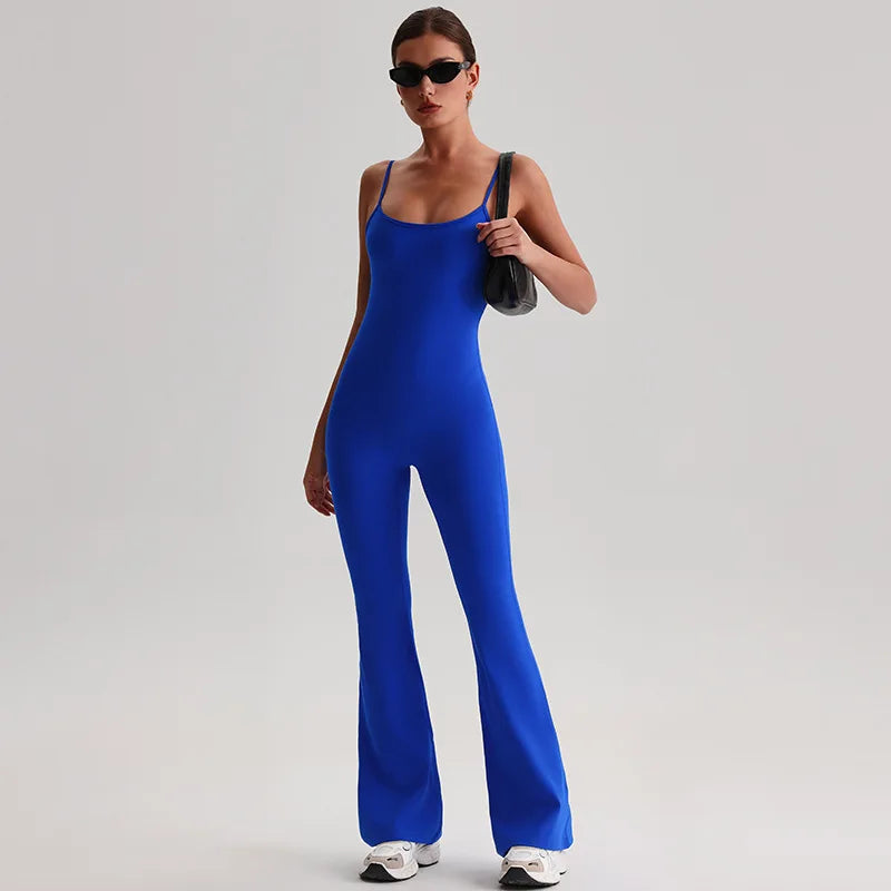 XW-8031 Custom Logo Solid Color Wholesale Gym Bodysuit Removable Chest Pads Flared Leggings Sleeveless Sports Jumpsuit for Women