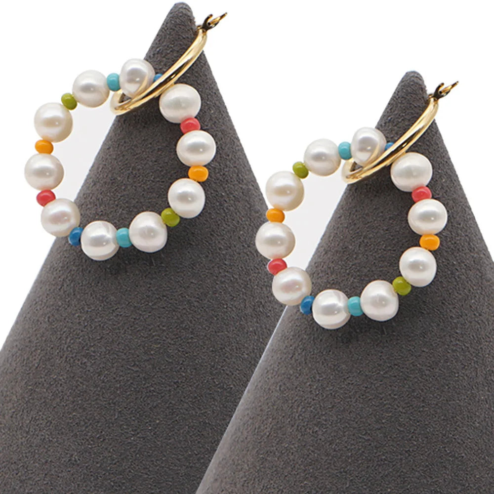 Hotselling crystal baroque pearl with rainbow seed beads stainless steel large ring earrings