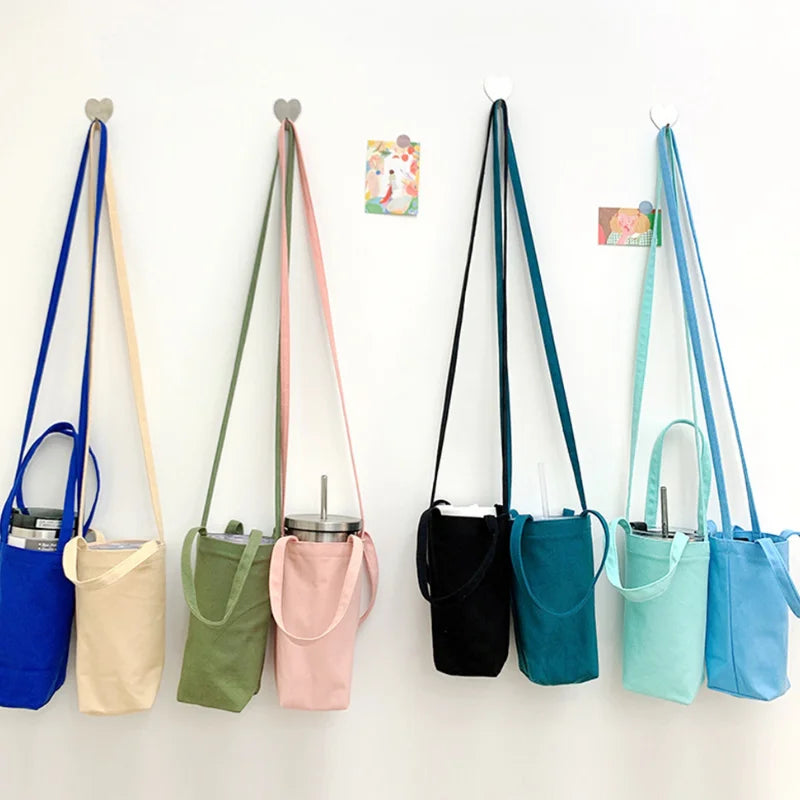 Portable Canvas Cup Storage Pouch Cover Reusable Cup Sleeve Shoulder Bag Water Bottle Hand Bag