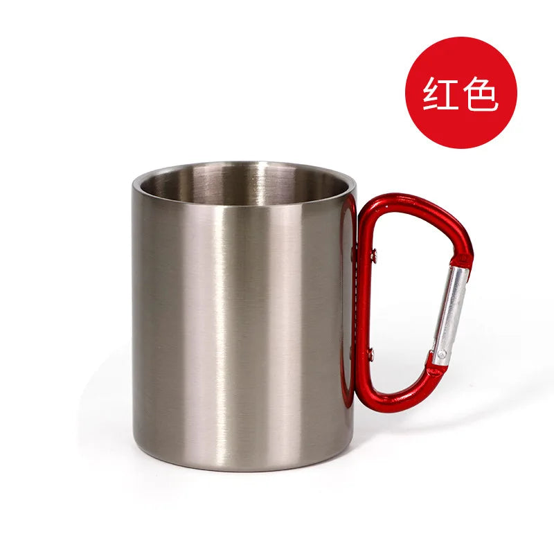 300ml Outdoor Camping Travel Portable Double-Walled Stainless Steel Coffee Cup Sublimation Ceramic Mug Carabiner Handle for