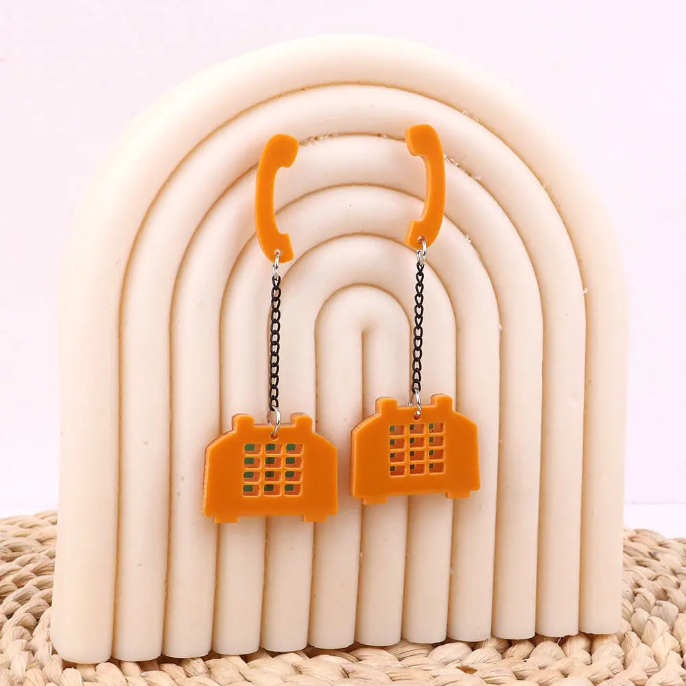 Fun Retro Telephone pink Red Yellow Landline Creative Cartoon Party Long Acrylic Earrings for Women