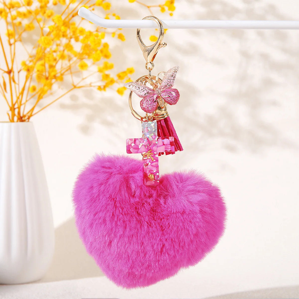Resin Cross Love Heart Plush Hair Ball Charm Keychain Women Butterfly Pompom Car Key Chain Bags Tassels Pendant Key Ring Jewelry