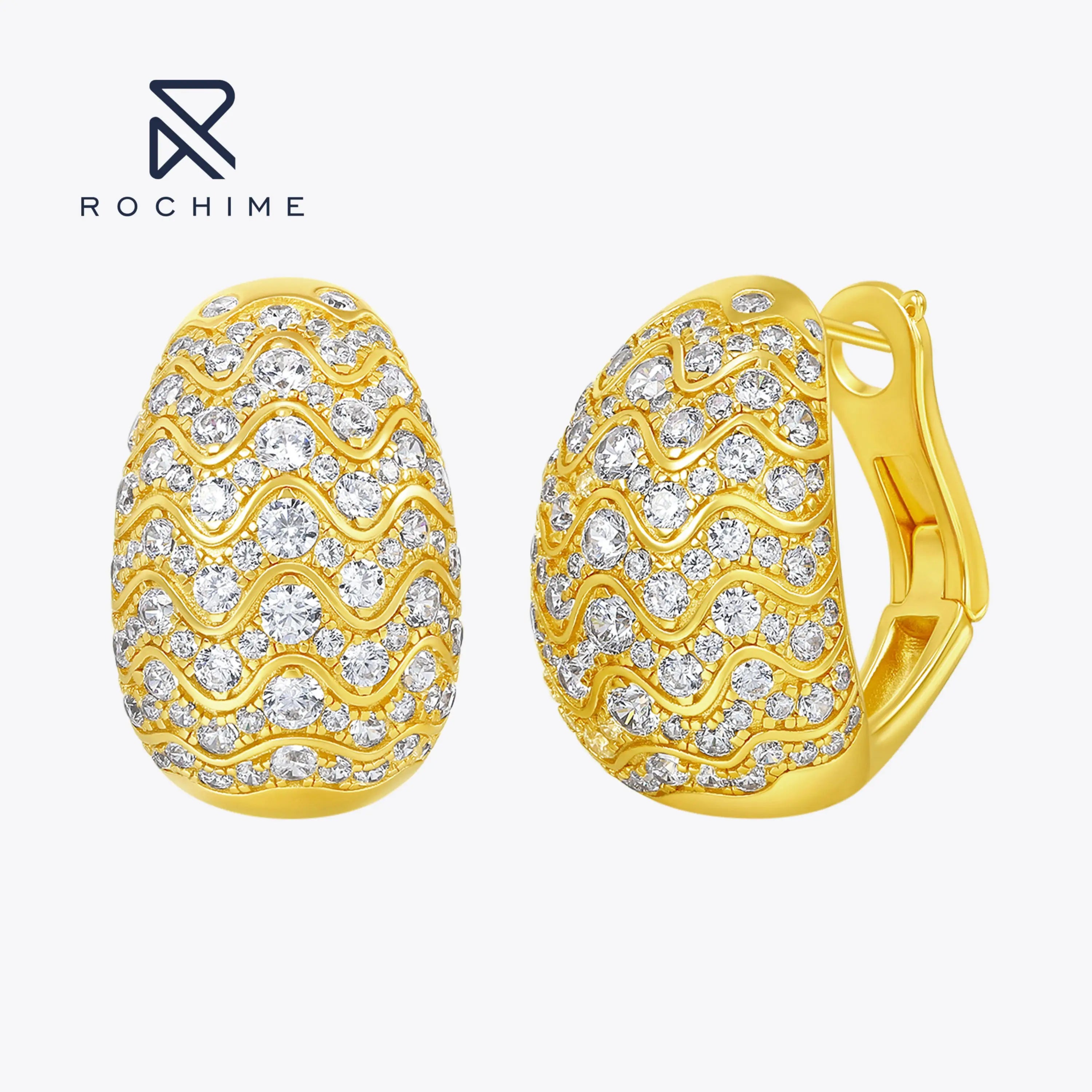 Rochime New Arrival Design   Wave Shape Vintage Heart  Gold Plated Diamond  Earrings  Silver 925 Jewelry Accessories