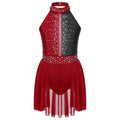 Kids Girls Sleeveless Round Collar Shiny Rhinestone Decorated Backless Lyrical Dance Dress