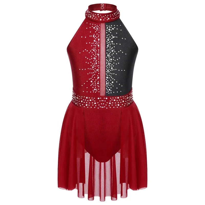 Kids Girls Sleeveless Round Collar Shiny Rhinestone Decorated Backless Lyrical Dance Dress
