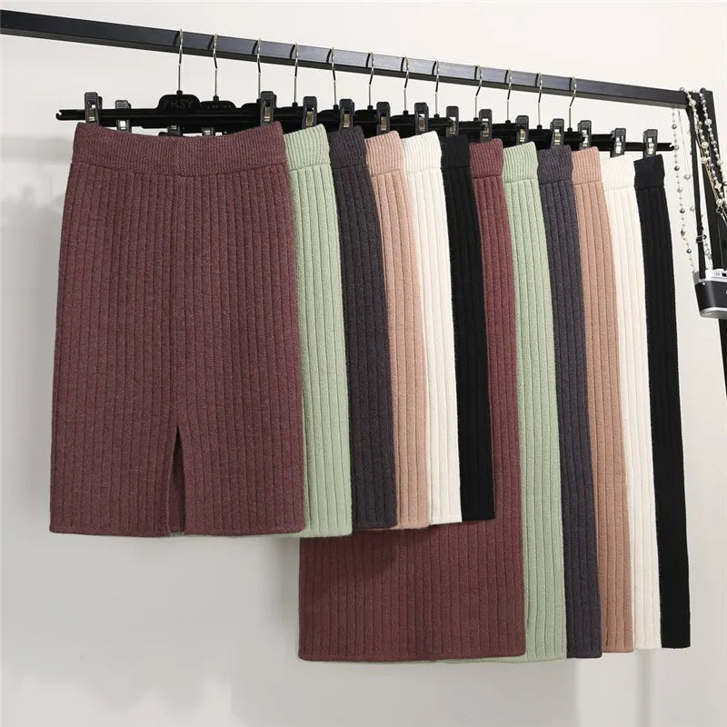 Bodycon Vintage Knit Long Skirt Womens Pencil Fall Winter Midi Skirts Black Streetwear High Waist Harajuku Clothes Wrap Skirt