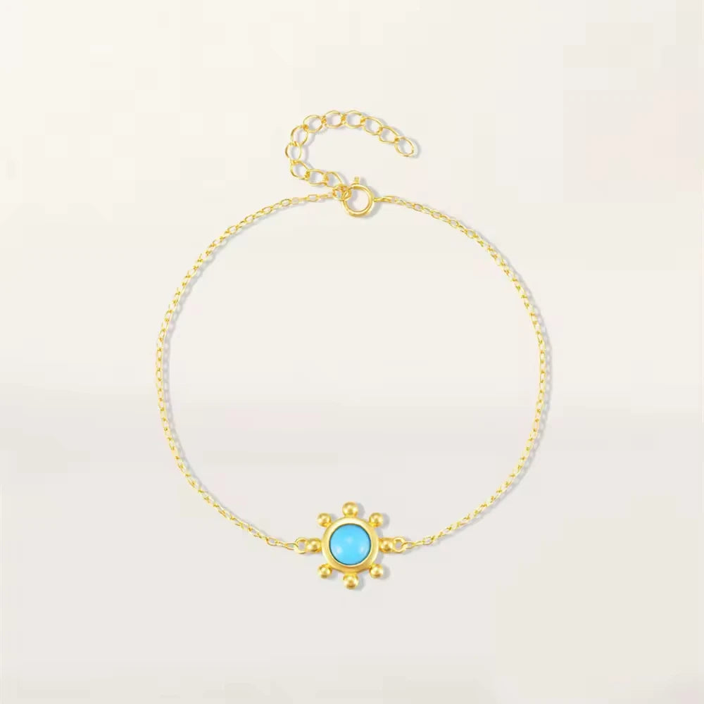 Fashion Jewelry 925 Sterling Silver Gold Plated Turquoise Sun Flower Chain Bracelet for Women
