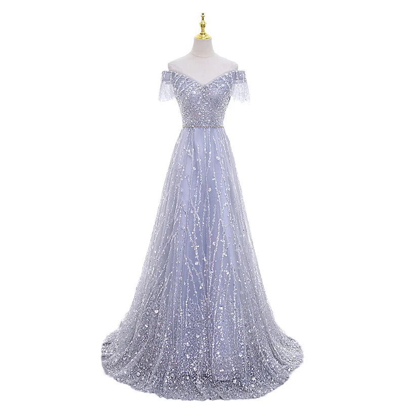 2025 Modern Luxury Woman Bridal Wedding Dress Purple Color Lace Floor-Length A-Line Silhouette Evening Gown