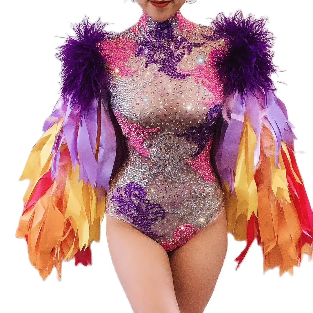 Sexy Colorful Crystal Big Ribbon Sleeves Club Dance Bodysuit Women Performance Wear Rhinestones Party Playsuit Stage Costume