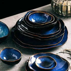 1 Person Plant Pattern Blue Porcelain Irregular Shape Modern Dinnerware Set