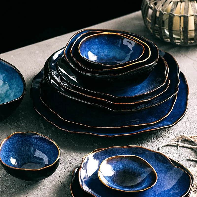 1 Person Plant Pattern Blue Porcelain Irregular Shape Modern Dinnerware Set