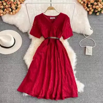 One Size Summer New French Retro Mid Length Dress V-neck Lace Short Sleeved Dress With Straps and Waist Closure