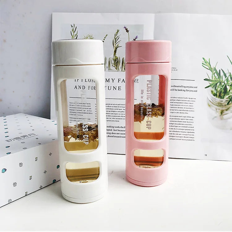 Double Wall Borosilicate Glass Kids Water Bottle Bpa Free Glass Water Bottle With Plastic Sleeve
